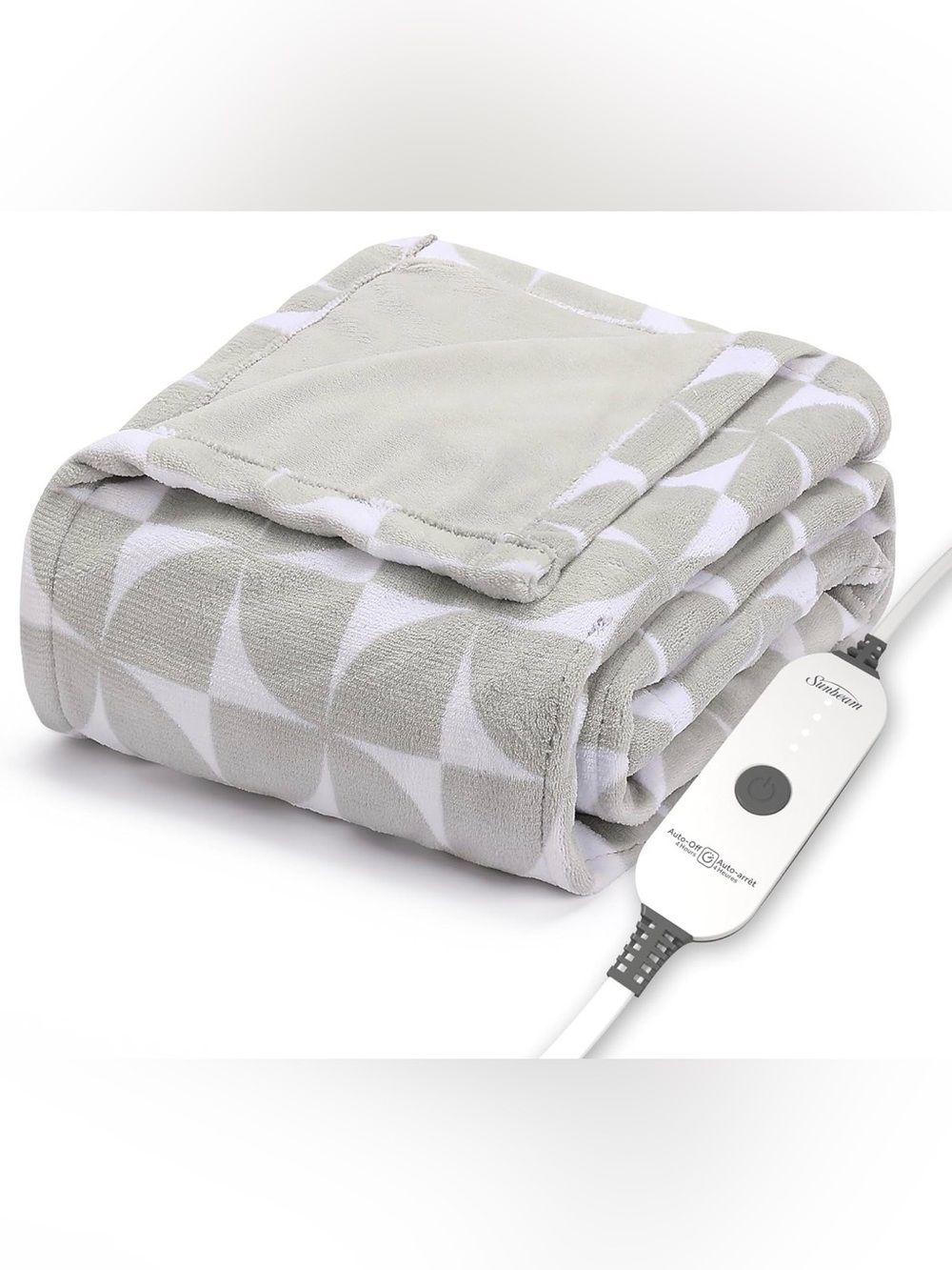 NWOT - Sunbeam Royal Luxe Microplush Heated Throw Grey Geometric